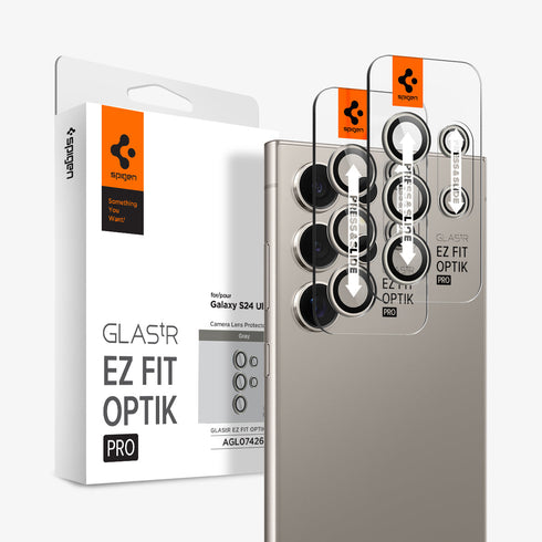 AGL07425 - Galaxy S24 Ultra Optik Pro EZ Fit Lens Protector in Black showing the camera lens protector hovering above another lens protector tray and device showing back